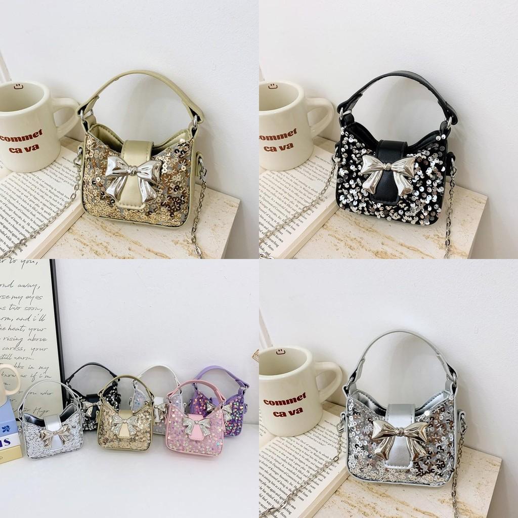 Kids Girl Butterfly Bow Sequin Mini Shoulder Bag With Breathable Pu Material For Daily Use