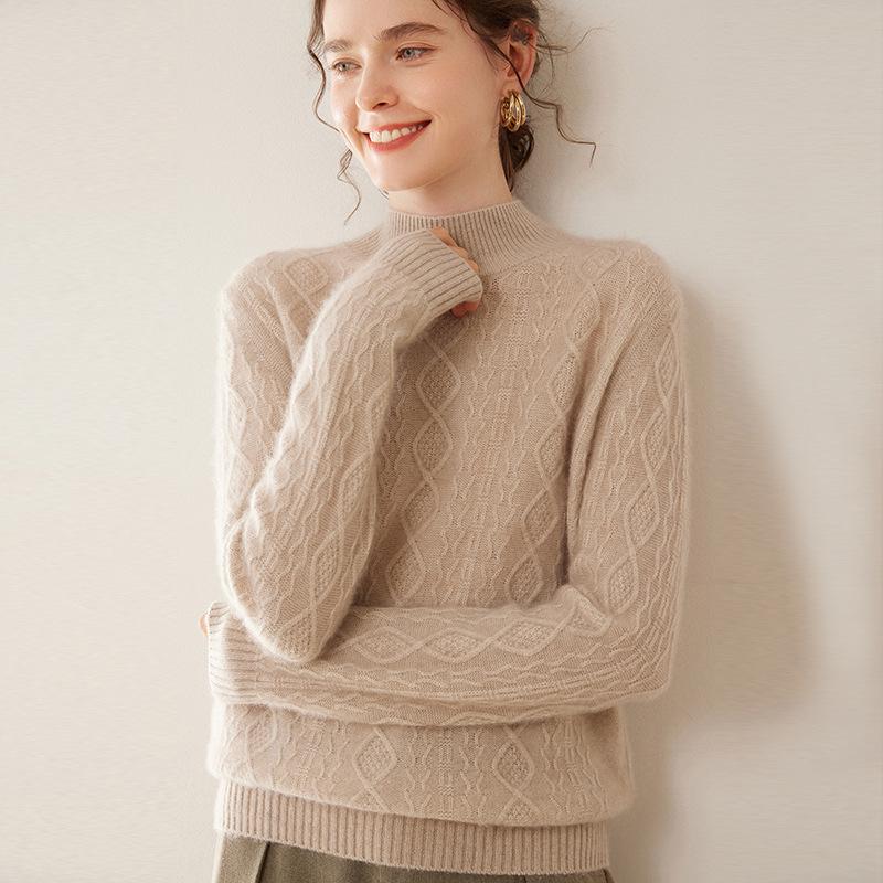 Women's Slim Fit Cashmere Cable Knit Pullover with Half-High Collar