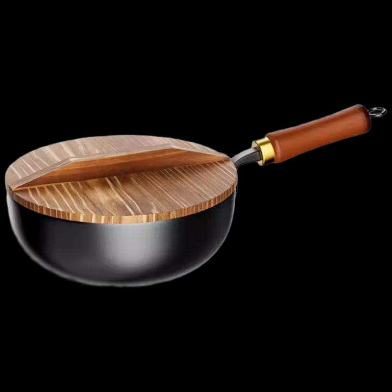 KSISE 28cm Refined Iron Wok with Wooden Lid