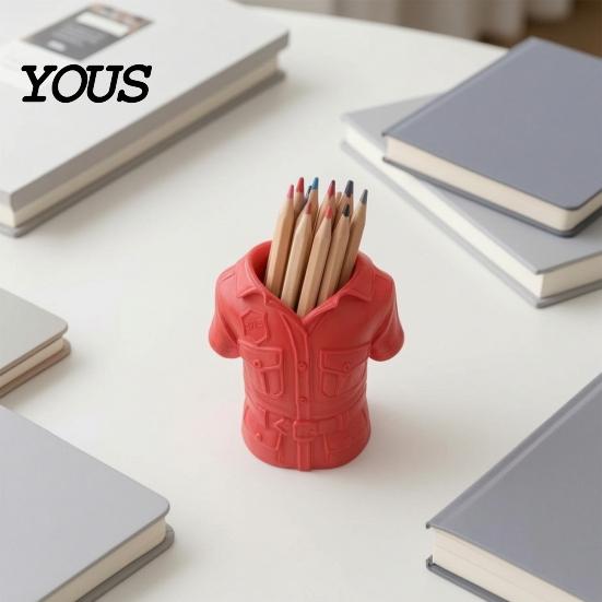 Bright Red Desk Decor 3D Printed Shirt-Shaped Pen Holder, Creative Workwear Organizer for Pencils Markers Unique Office Accessory Scissors,