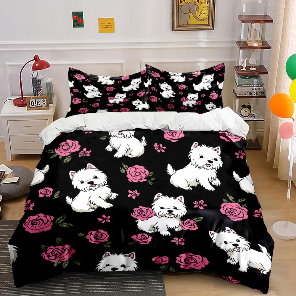 White dogs, pink roses. Bedding sets Duvet cover sets Duvet covers Pillowcases(1* Duvet Cover 2* Pillowcases without duvet insert)