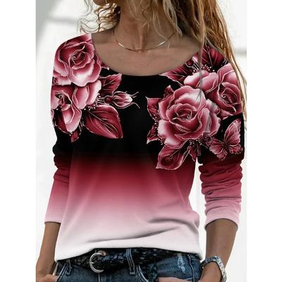 Rundhals 3D-Blumen Allmählich Funkelnd Bedrucktes Top Modische Lässige Langarm Damen T-Shirts