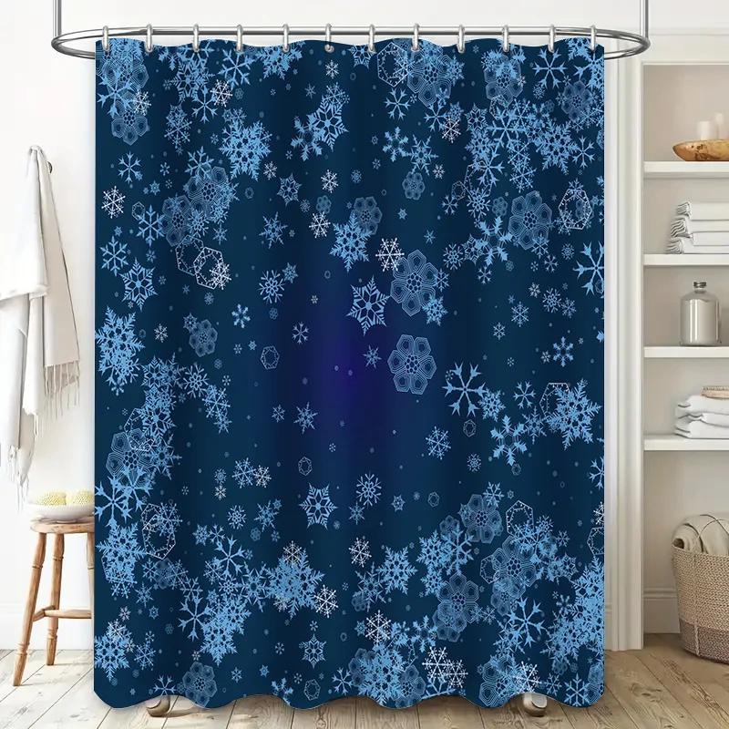 Snowflake Blue Bath Shower Curtain Waterproof Decorative Home Textile for Bathroom Dark Navy Floral Pattern