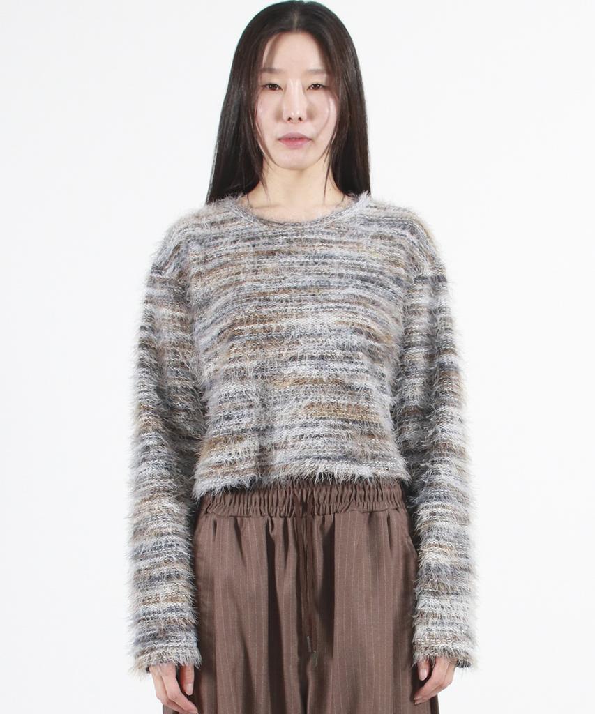 Deumakeu Rainbow Stripe Crop Long Sleeve Knit - Beige