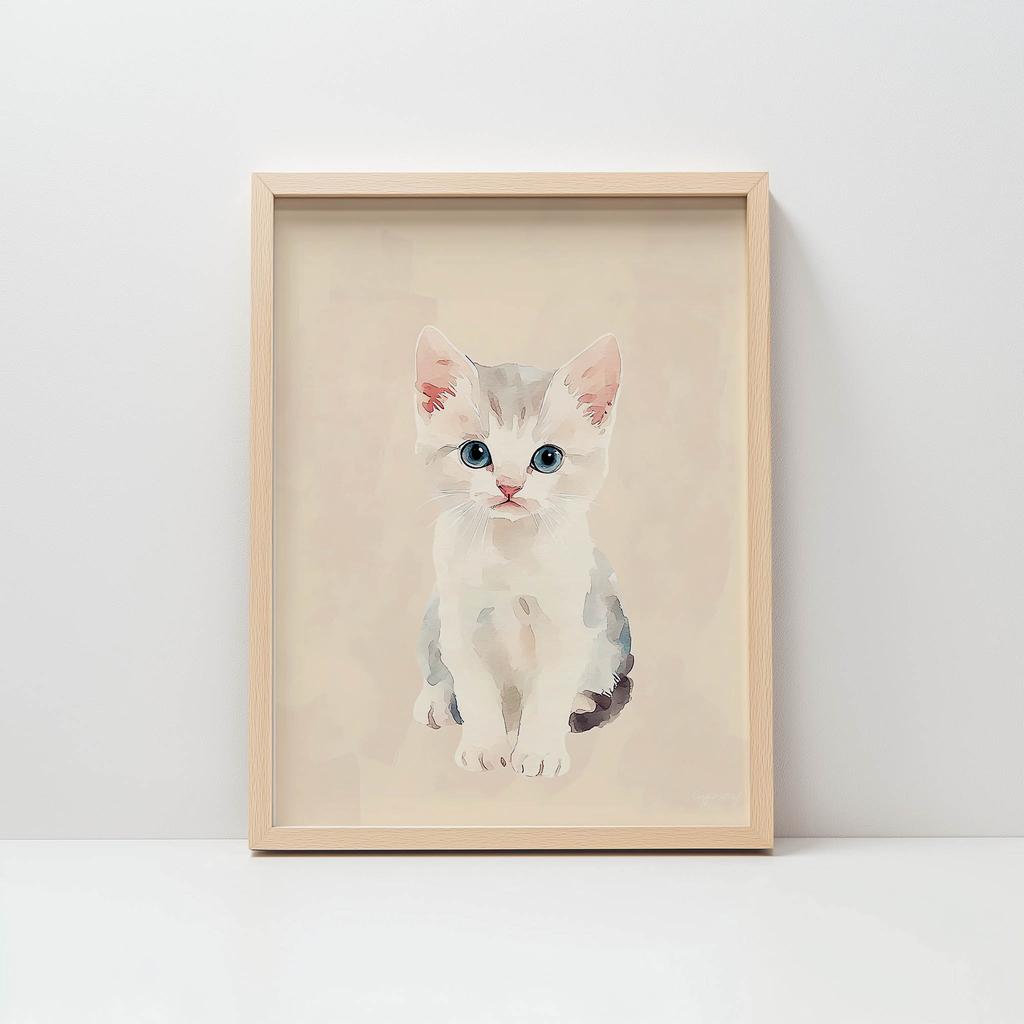 Plakat Kotek Na Beżowym Tle Plakat Kotek Na Beżowym Tle, 70X100 Cm, Rama Aluminiowa Czarna, Papier Matowy 230 Gsm