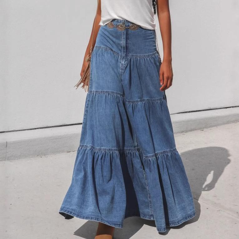 Women’s Long Jean Denim Skirts High Waisted Maxi Skirts With Pockets Pleated Tiered Boho Skirt A-Line Ruffle Tiered Flowy Swing Jean Skirts for Women S синий