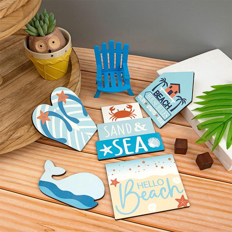 Summer Beach Tiered Tray Decor Set, Hello Beach Table Decorations, Wooden Blue Ornament, Beach Sign Board, Sand, And Chair