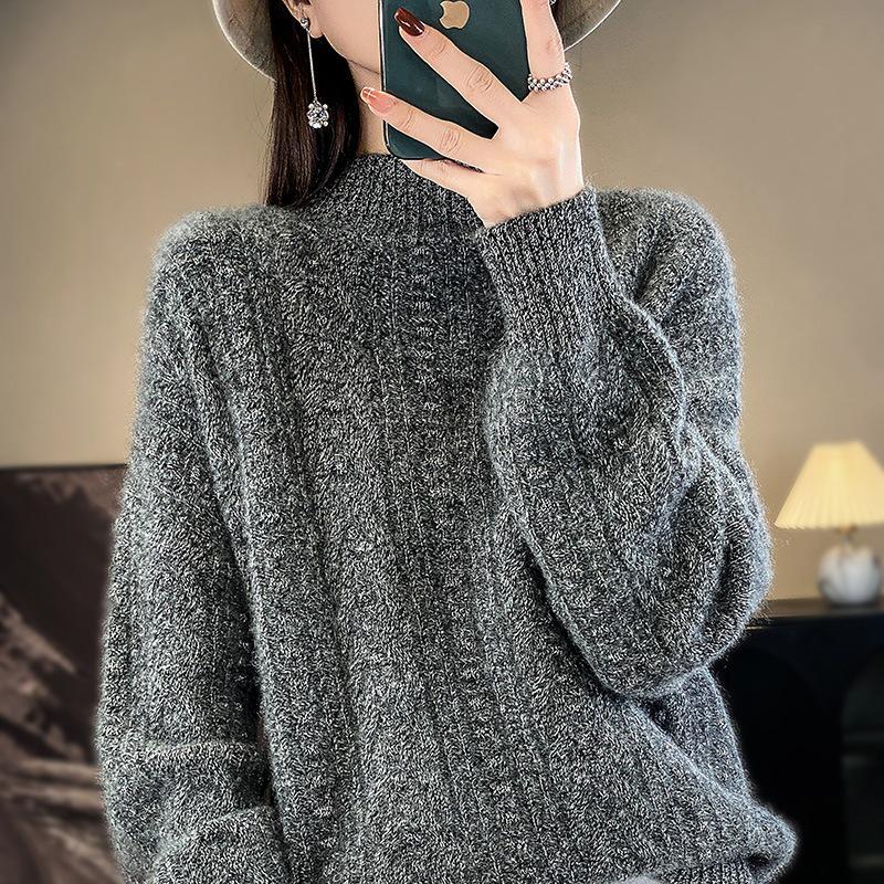 2026 Autumn/Winter Women's Cozy High Neck Knit Sweater - Solid Color, Loose, Warm Pullover