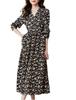 Floral Print Long Casual High Long Black Pockets Black and White Floral [Seira] Dress, Sleeve, Dress, Knee-Length, Waist, A-Line, Spring/Autumn,