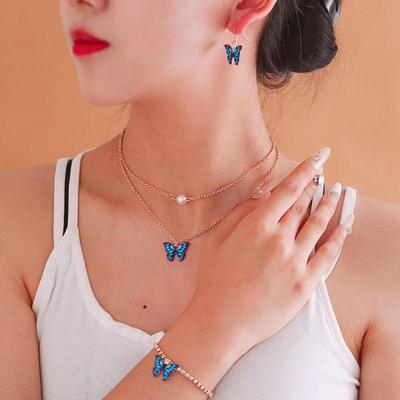 European & American Butterfly Jewelry Set: Double-Layer Pearl Necklace with Diamond Bracelet & Earrings for Women