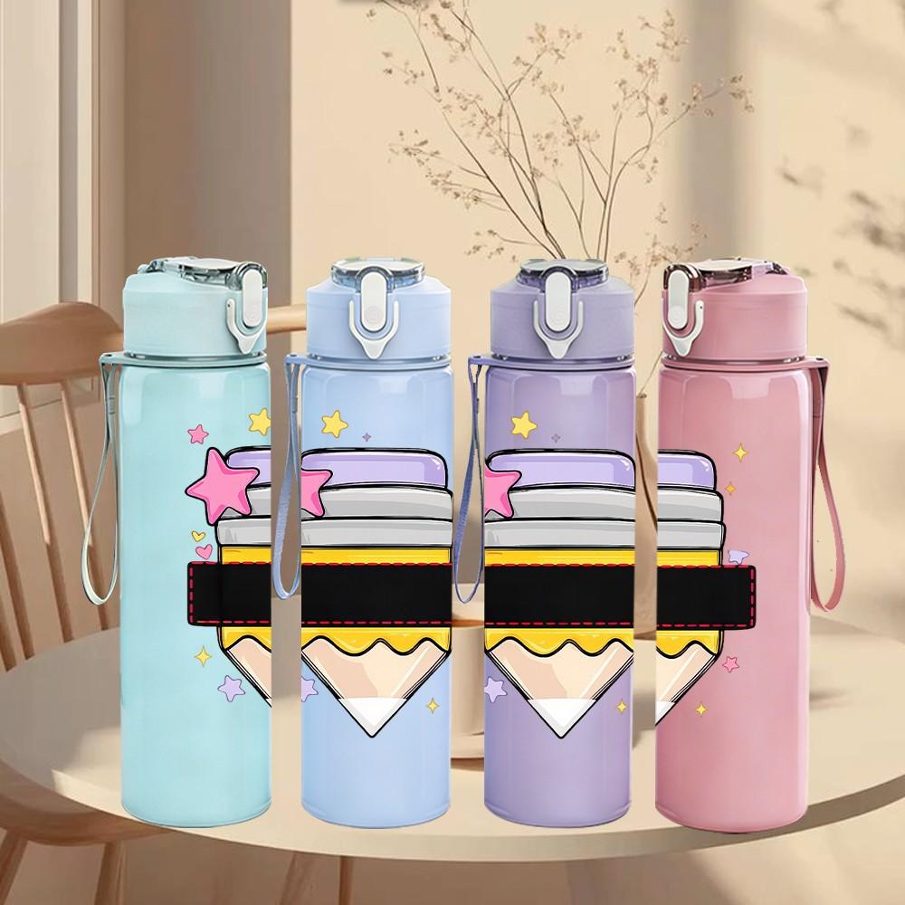 1PC Color Pencil Stack School Art Print 750ml Color Plastic Sports Water Bottle Leakproof Flip Straw Lid Suitable for Sports Office Home Use