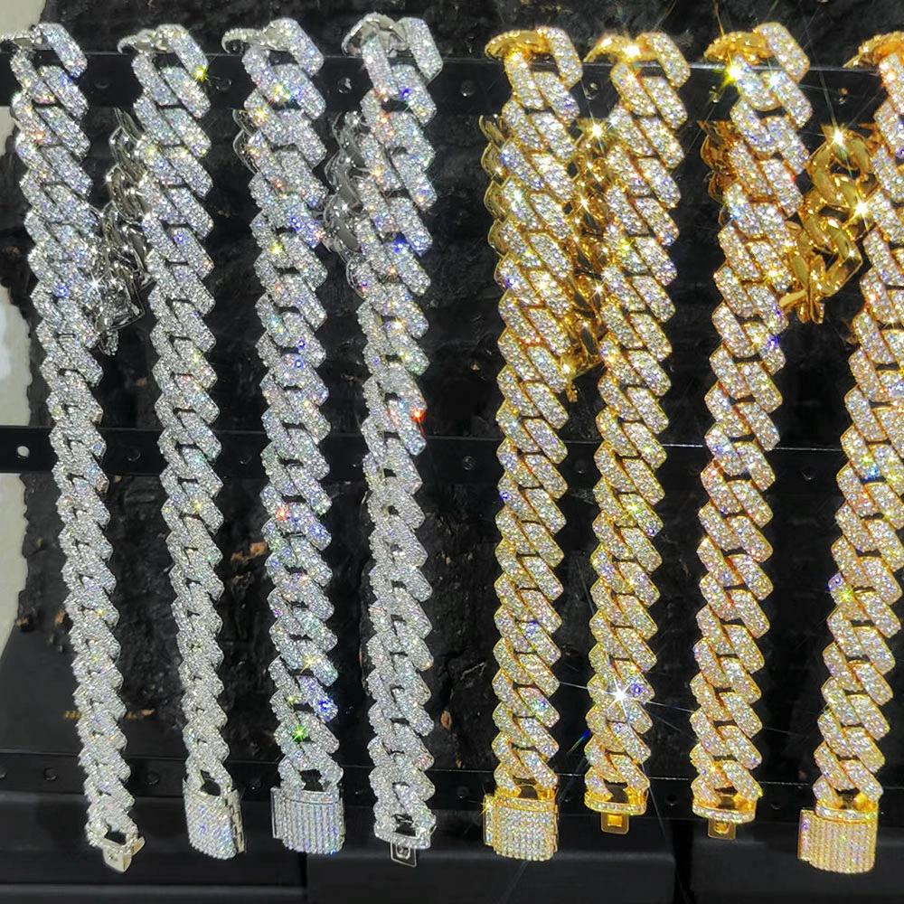 14mm Iced Out Prong Cuban Link Chain Silver Plated Brass Hip Hop Diamond Cuban Chains Necklace For Women's Fine Jewelry