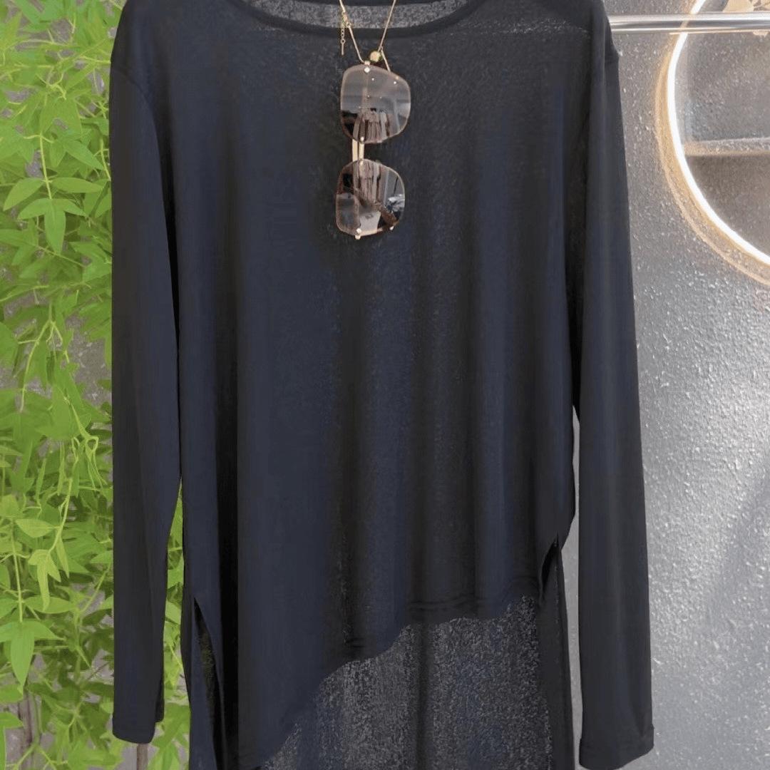 

Минималистичная футболка из ледяного шелка с разрезом для защиты от солнца, универсальный модный топ с круглым вырезом и длинными рукавами. 80-130 чёрный