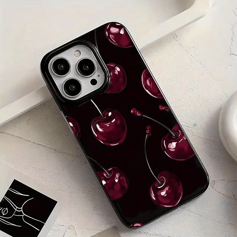 Black cherry pattern design phone case suitable for iPhone 17 16 15 14 13 12 11 Pro/Max/Plus anti drop and shockproof back cover