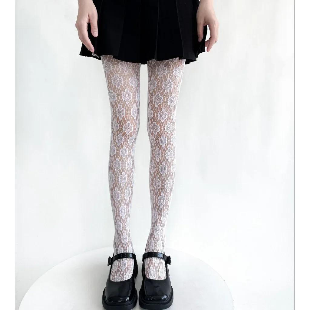 

Женские черные сексуальные кружевные сетчатые цветочные ажурные колготки Лолита сладкие шелковые чулки JK Shaping Personality Mesh Pantyhose One Size белый