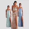 Women Sexy Off Shoulder Sequin Slit Floor Length Evening Party Gown