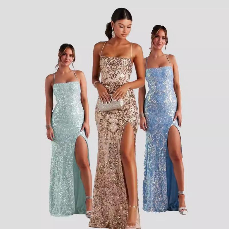 Women Sexy Off Shoulder Sequin Slit Floor Length Evening Party Gown