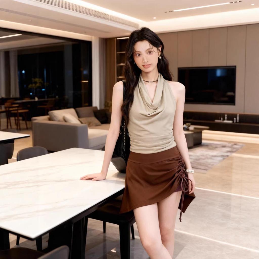 Two-Piece Set: Fitted Halter Neck Backless Top with Irregular Skirt and Wide-Leg Pants.