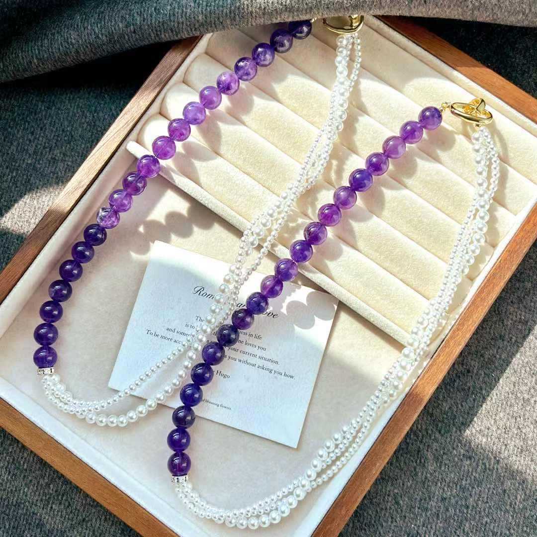 Vintage High-Quality Natural Amethyst Artificial High-Gloss Crystal Pearl Multi-Layer Design Necklace