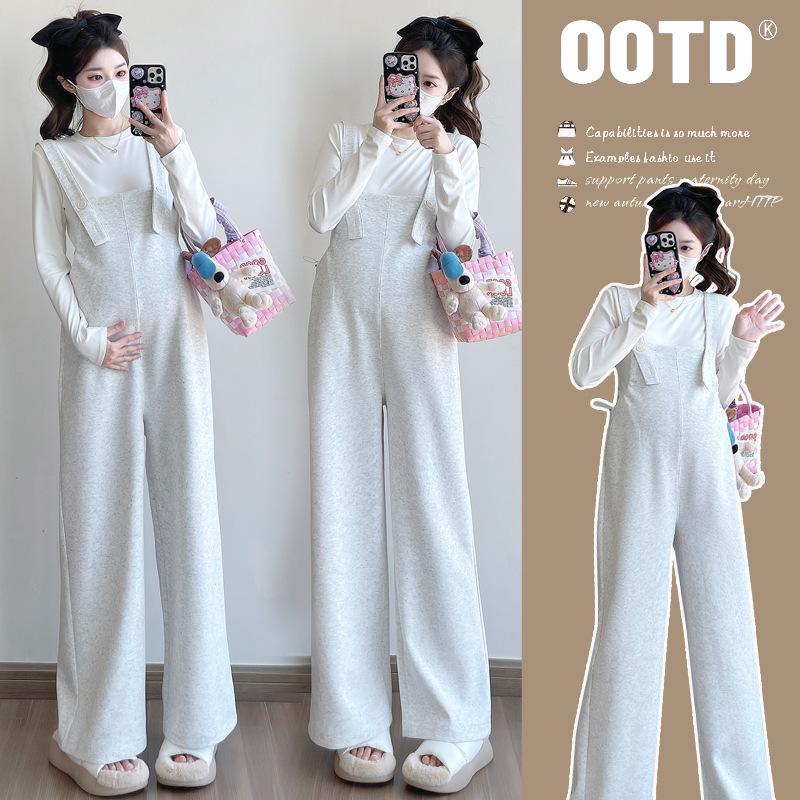 

2025 Autumn/Winter Stylish Color Dot Maternity Overalls & Long-Sleeve T-shirt Set for Pregnant Women 2XL (145-165 lbs)