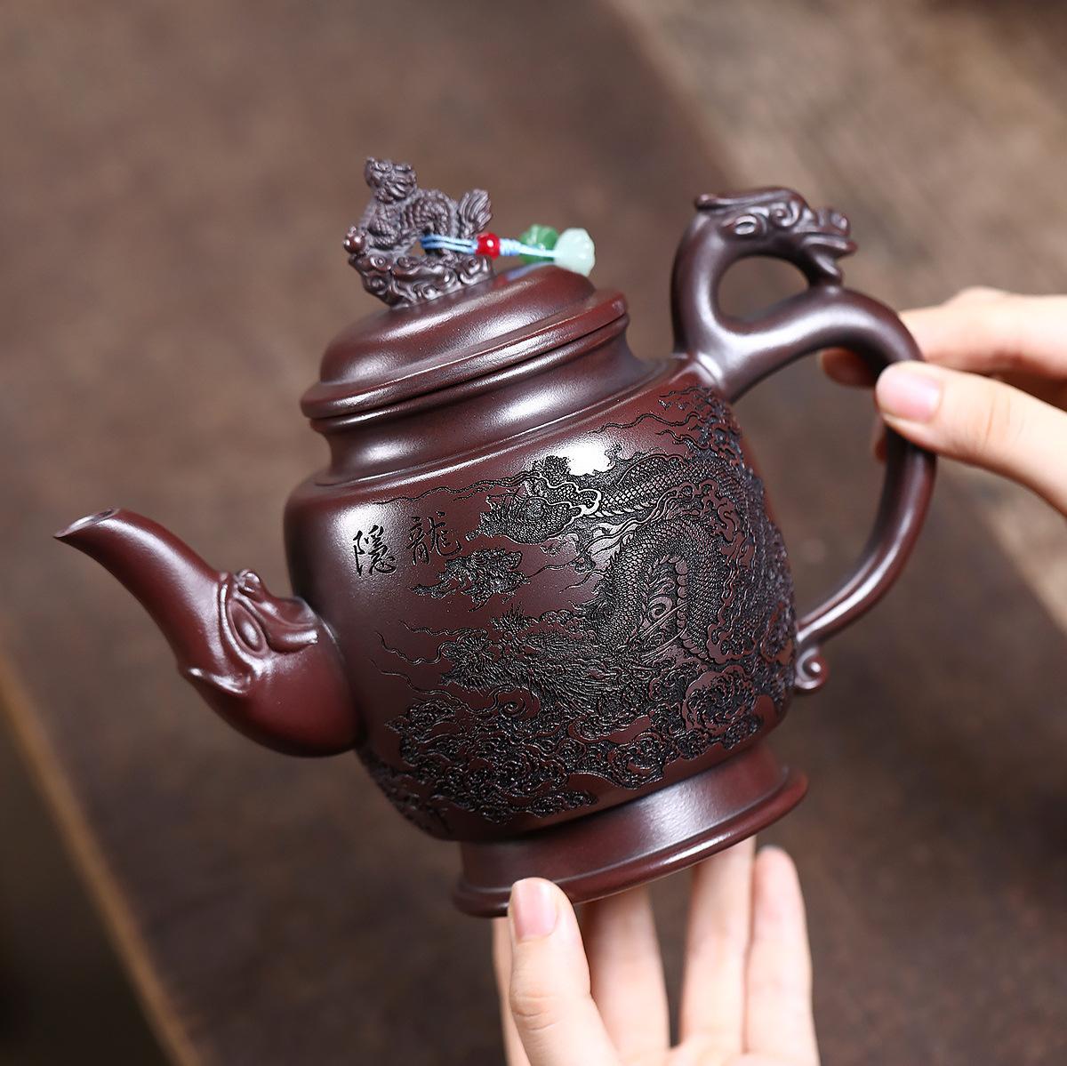 

640ml Ancient Yixing Purple Clay Teapots Handmade Dragon Pot Raw Ore Antique Brass Mud Kettle With Strainer Zisha Tea Set Craft