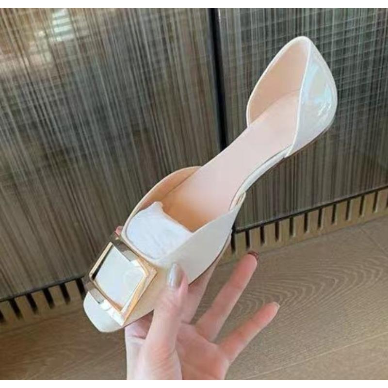 New Women Sandals Metal Square Buckle Leather Thick Heel Square Toe Sandal Spring Casual Low Heel Back Strap Fashion Sandals