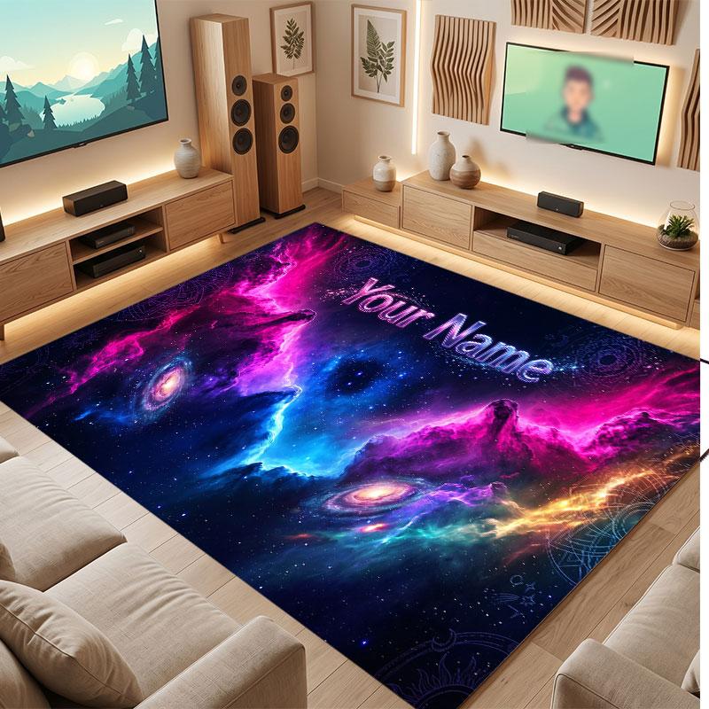 Space Cosmic Theme Crystal Velvet Floor Rug Personalized Custom Name Text Warm Carpet Home Decoration