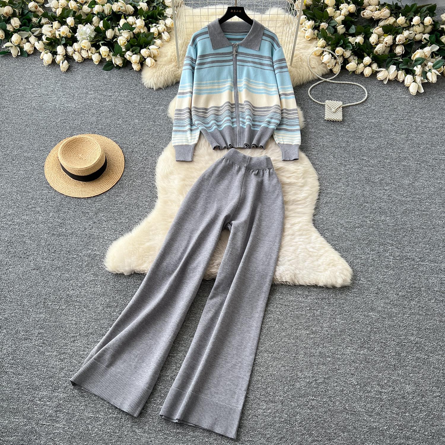 

Осенне-зимний полосатый трикотажный свитер, брюки, комплект из двух предметов, женская куртка на молнии, пальто и широкие брюки, спортивный костюм One Size серый