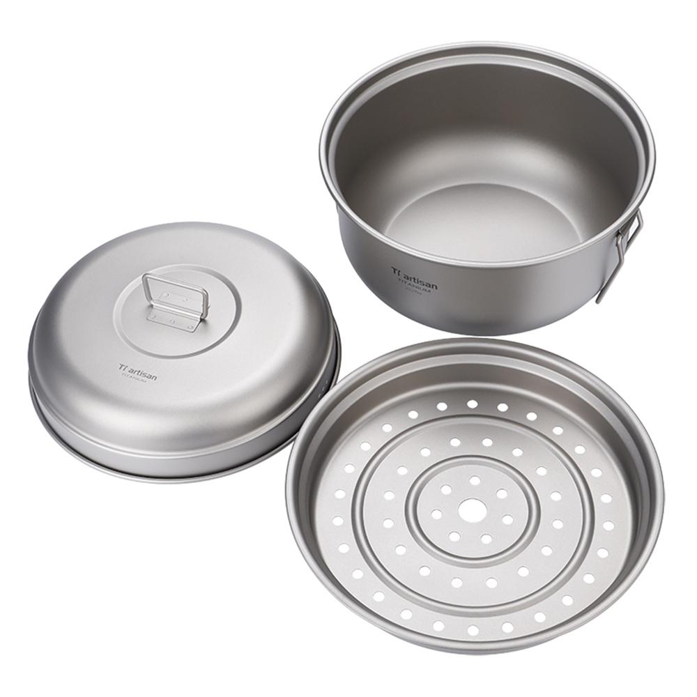Titanium Steamer Stockpot Set with Lid Outdoor Camping Soup Steaming Pot Pan Mess Kit