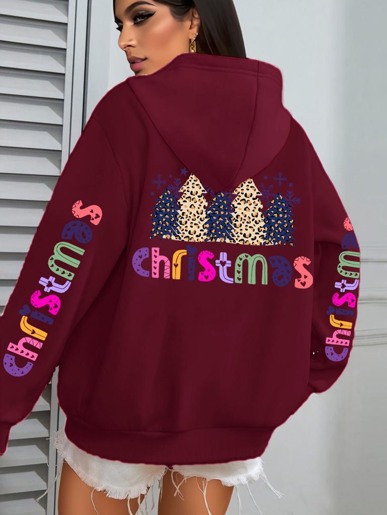 Merry Christmas Leopard Trees Printing Hoodie Women Hip Hop All-Match Streetwear Casual Loose Hoodies Fleece Autumn Woman Hoody