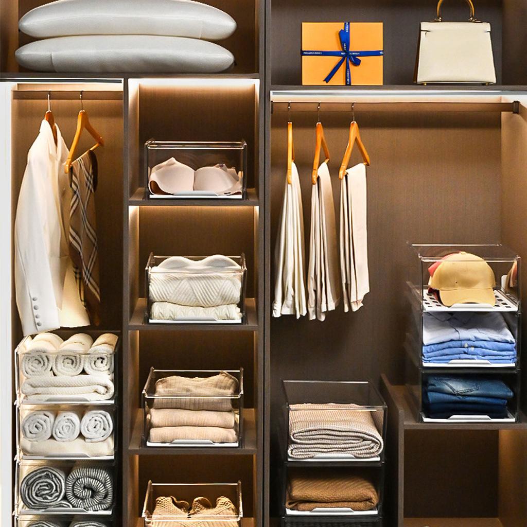 Closet , Clear Stackable Storage Bins with Drawer Panel, Space Saving Plastic Closet Storage Box for Home, , Wardrobe, Kitchen, Bathro