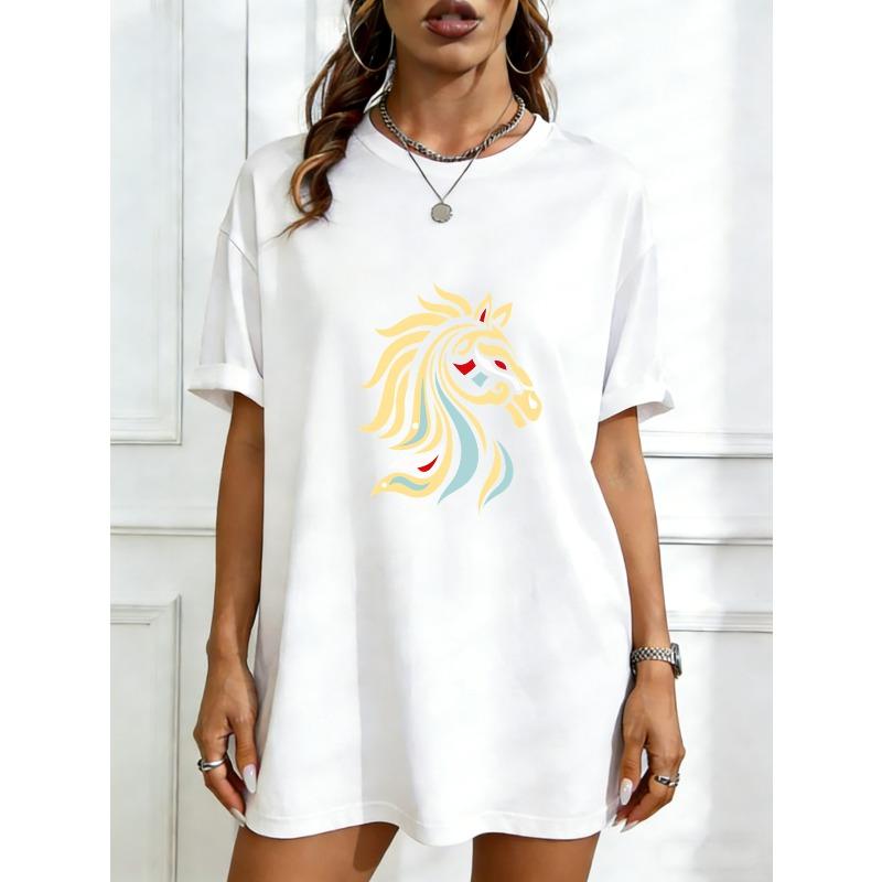 Oversized T Shirt Black Horse Head Graphic Print Casual Wear For Women