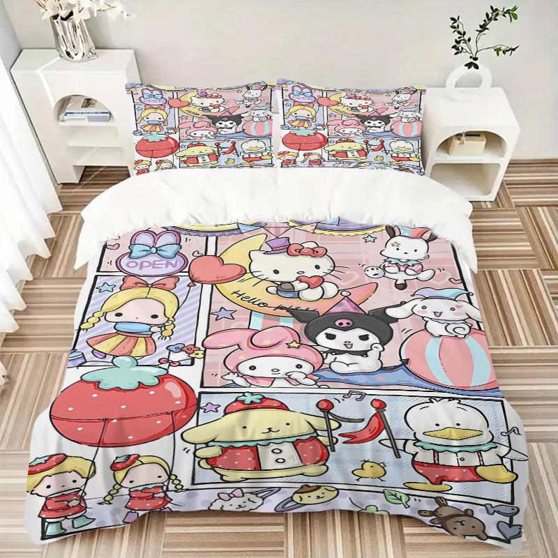 3pcs Friendship and Fun Hello Kitty and Friends Printed Quilt Set Soft and Comfortable Quilt Cover for Bedroom, Guest Room Bedding Set S022