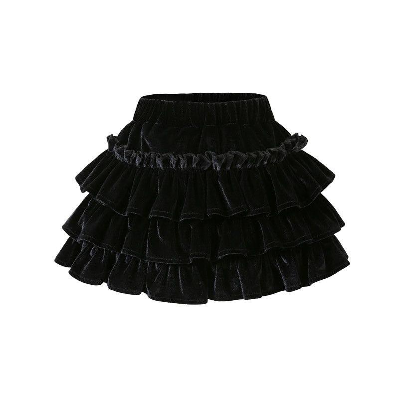 Girls' Black Velvet Layered Puffy Skort - Princess Style, Anti-Exposure, Spring/Autumn Korean Edition