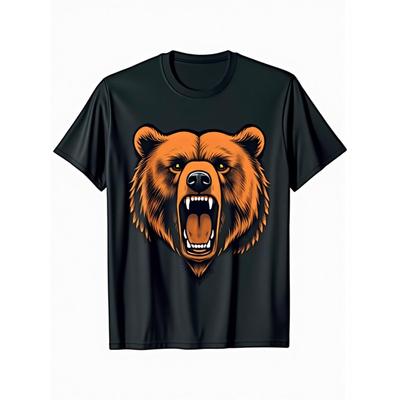 European Sizes Men'S Black T-Shirt with Orange Angry Grizzly Bear Print - Loose Fit Casual Short Sleeve Tee, Heat Transfer Graphic