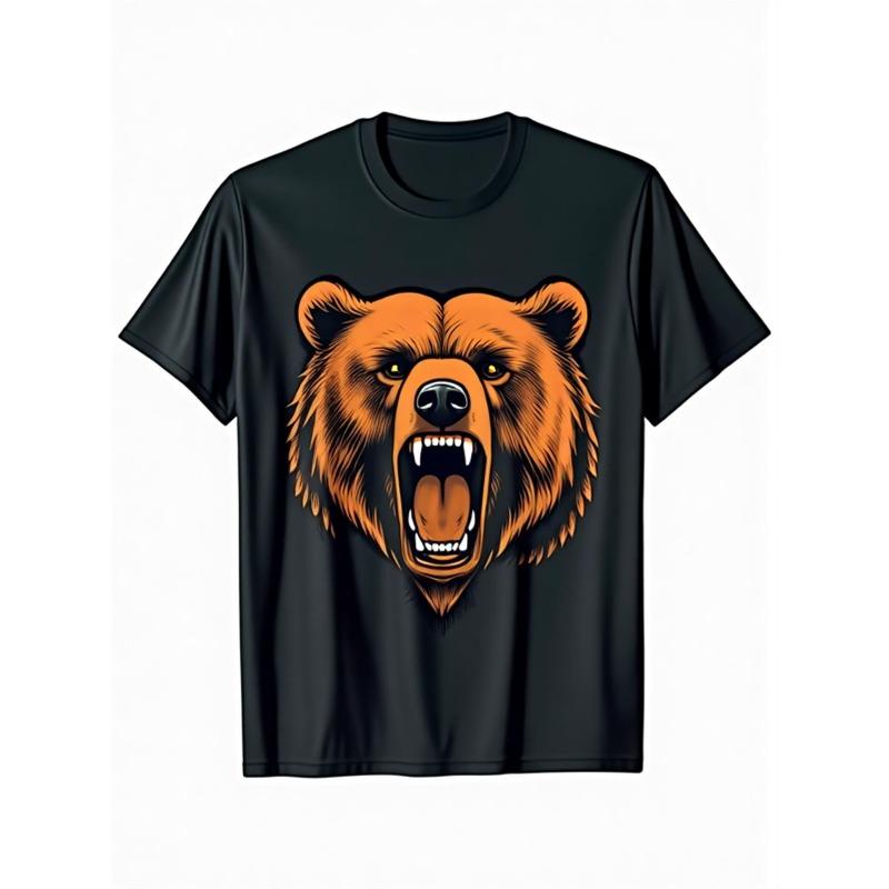 

European sizes Men S Black T-Shirt with Orange Angry Grizzly Bear Print - Loose Fit Casual Short Sleeve Tee, Heat Transfer Graphic 4XL