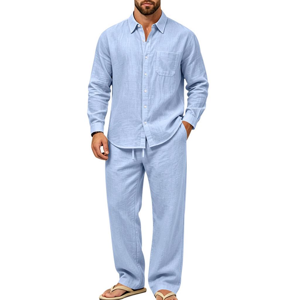 Men's Casual Linen Long Sleeve Shirt and Pants Set for Spring Fall
