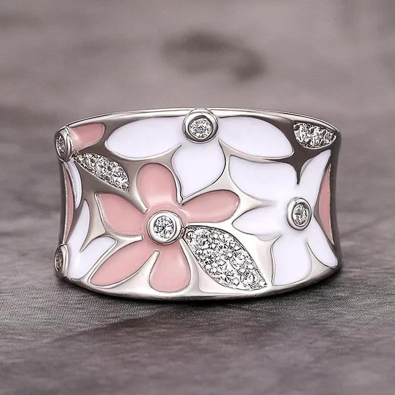 2025 Women's Wedding Party Beautiful Enamel Flower Ring New Silver European and American Style Luxury Zircon Jewelry Gift