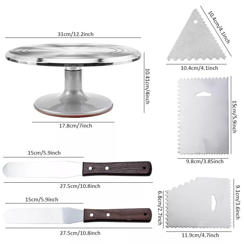 Aluminum Cake Decorating Turntable Set with Rotating Stand, Scraper, and Spatula