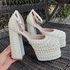 Luxury Handmade Full Pearls Beaded Platform Wedges Women Pumps Chunky Heeled Ultra High Heels Banquet Dress Wedding Shoe