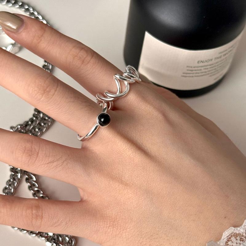 PANJBJ 925 Sterling Silver Black Agate Ring For Women Girl Geometry Entanglement Irregular Trend Jewelry Party Gift Dropshipping
