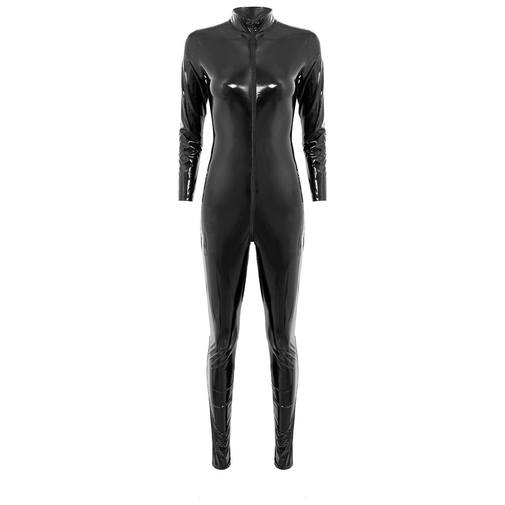 Dámský lesklý lakovaný catsuit s dlouhým rukávem, stojáčkem a zapínáním na zip vpředu, klubové oblečení, overal na párty