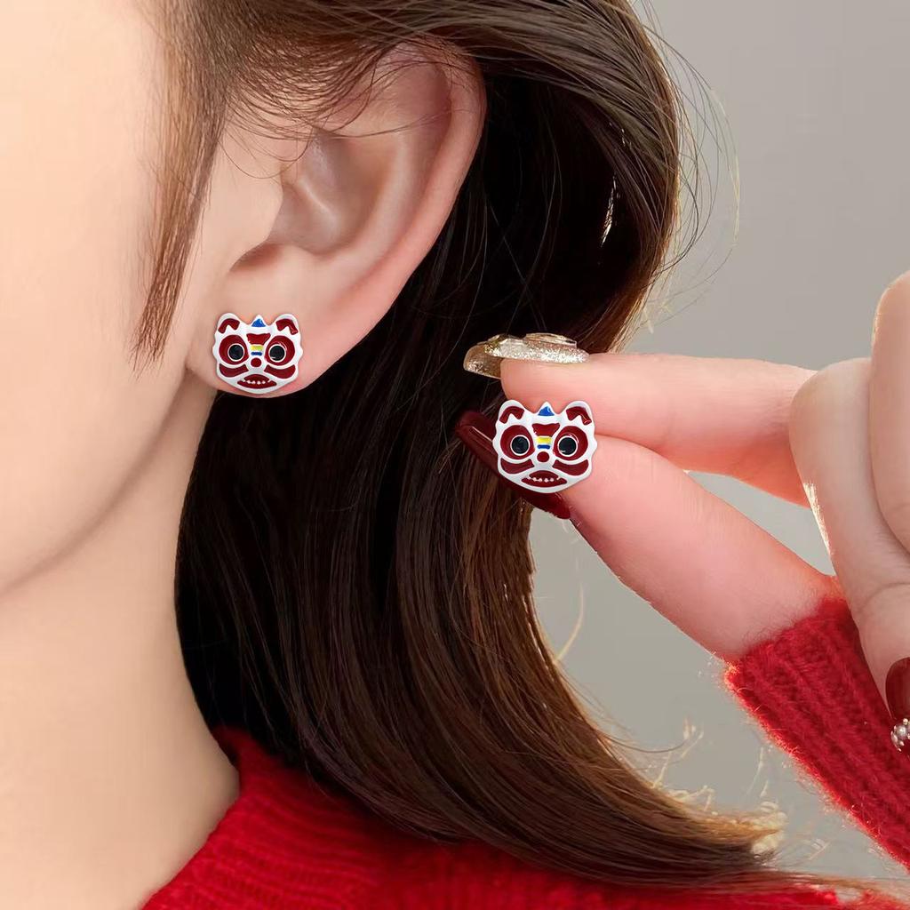 Lion Dancing Earrings New Chinese-style earrings suitable for Chinese New Year wear Spring Festival red wind festive earrings Versatile earrings