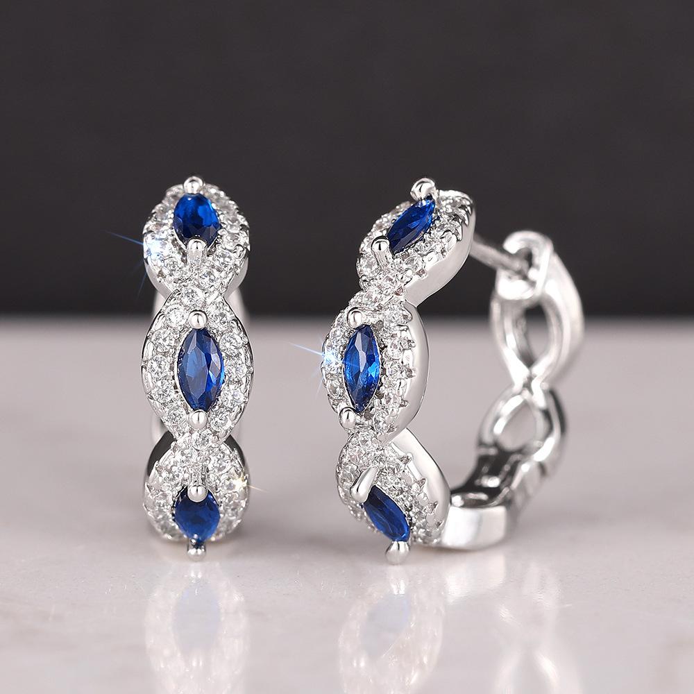 Marquise Blue Sapphire Huggie Earrings, Cubic Zirconia Paving Sapphire Women's Earrings, Luxury Jewelry Gifts