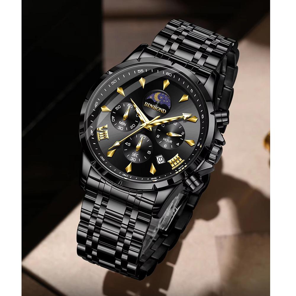 Mens Business Chronograph Watch Stainless Steel Analog Moon‑Phase Wristwatch Waterproof Luminous