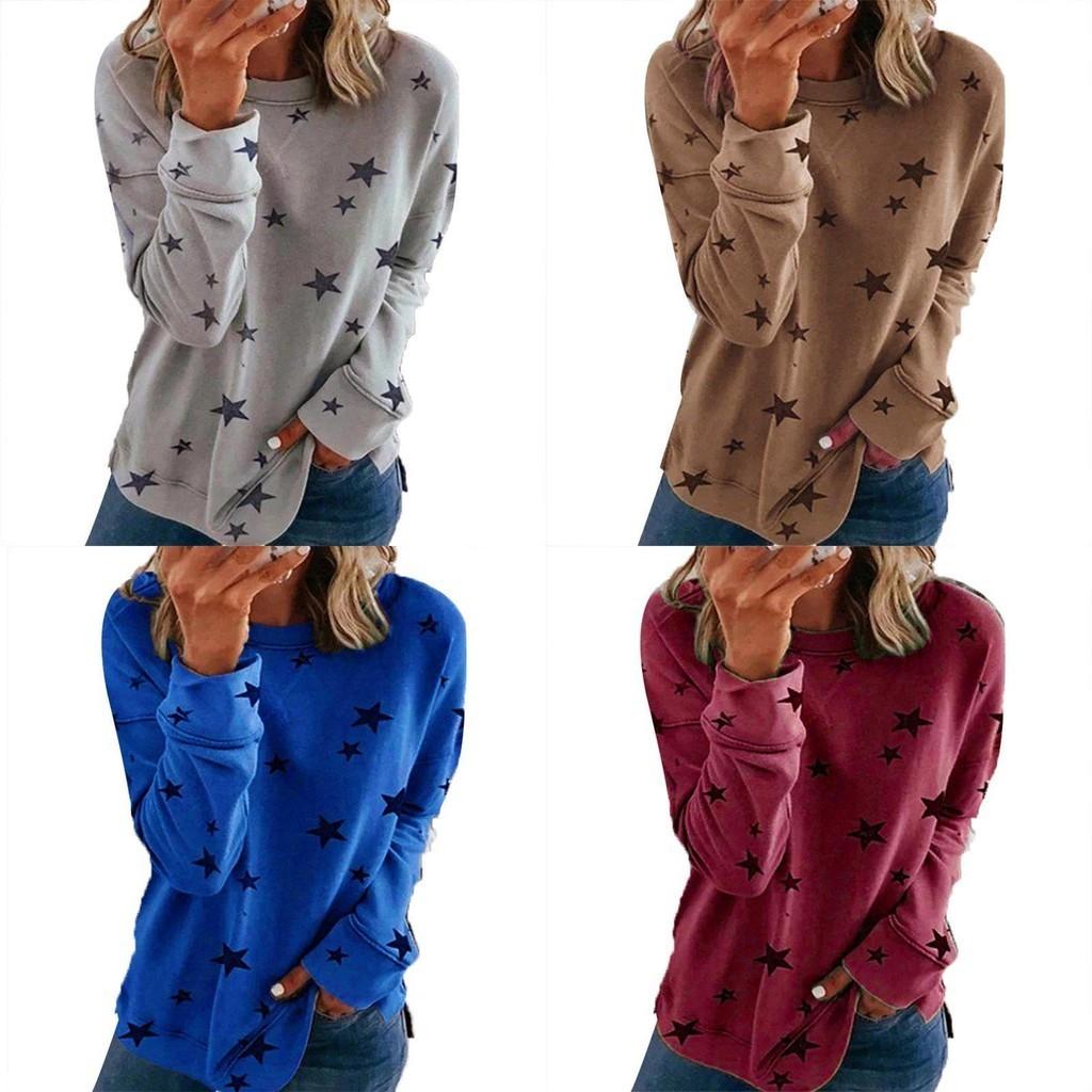 Women Casual Tunic Crew Neck Long Sleeve Star Print Tee Top Blouse For Daily Comfort And Style