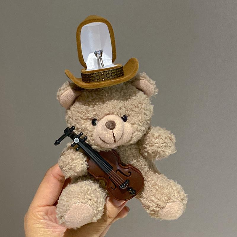 Cute Violin Brown Bear West Highland Dog Plush Doll Ring Display Box Jewelry Organizer Gifts