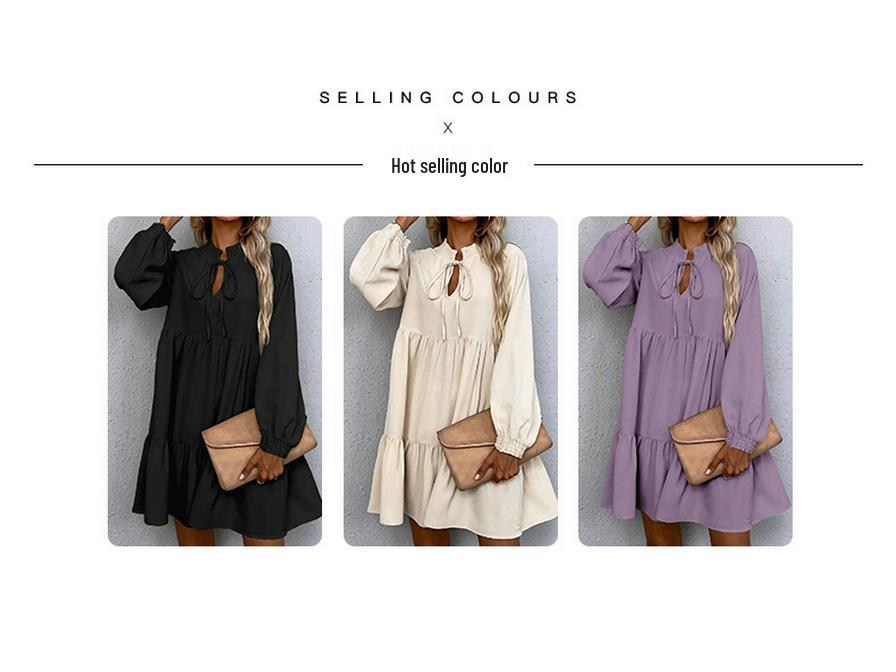 Shi Ying Women's Solid Color Autumn Midi Dress - Long Sleeve, Drawstring, Pointed Collar, Loose Fit
