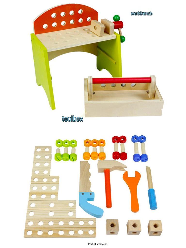 Children's Wooden Tool Box: Educational Workbench Toy for Boys with Simulation Repair, Screw, Nut Disassembly & Assembly Activity.