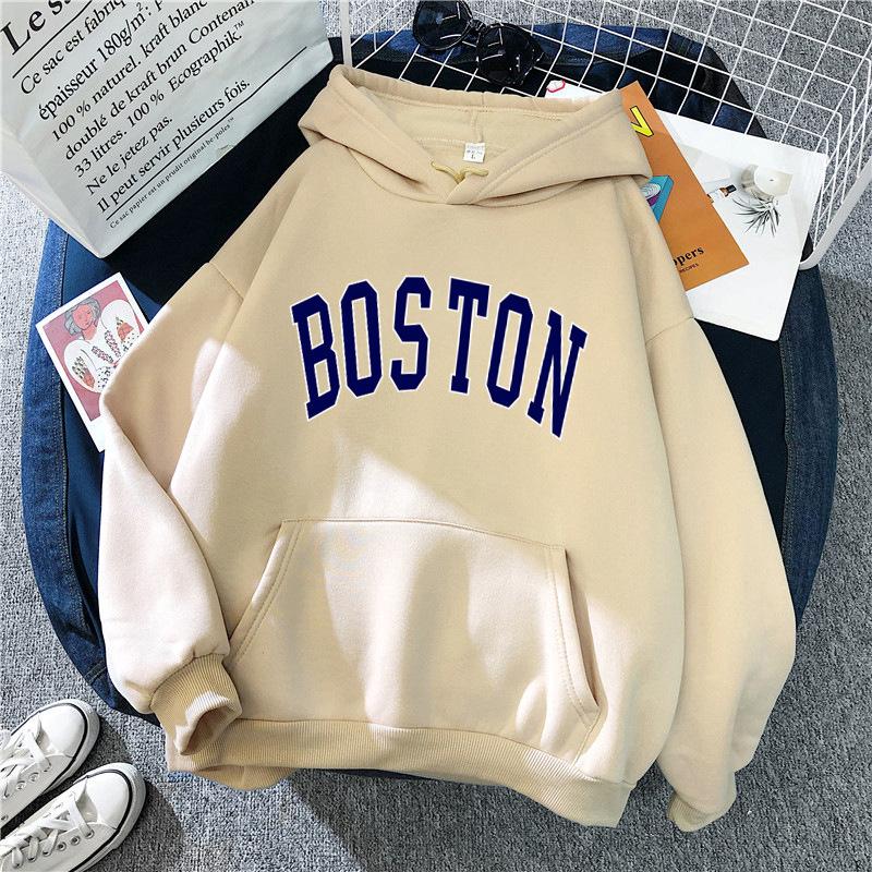 Women's Hooded Long Sleeve Sweatshirt Loose Fit Lazy Style Boston Letter Print Pullover Hoodie Vintage Autumn Winter Warm Outerwear